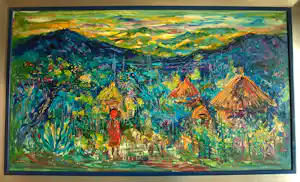 Hasan Djaafar - Ingelijst, olieverf op doek , Indonesisch landschap met dorp – 75 x 130 cm verkauft für € 400!