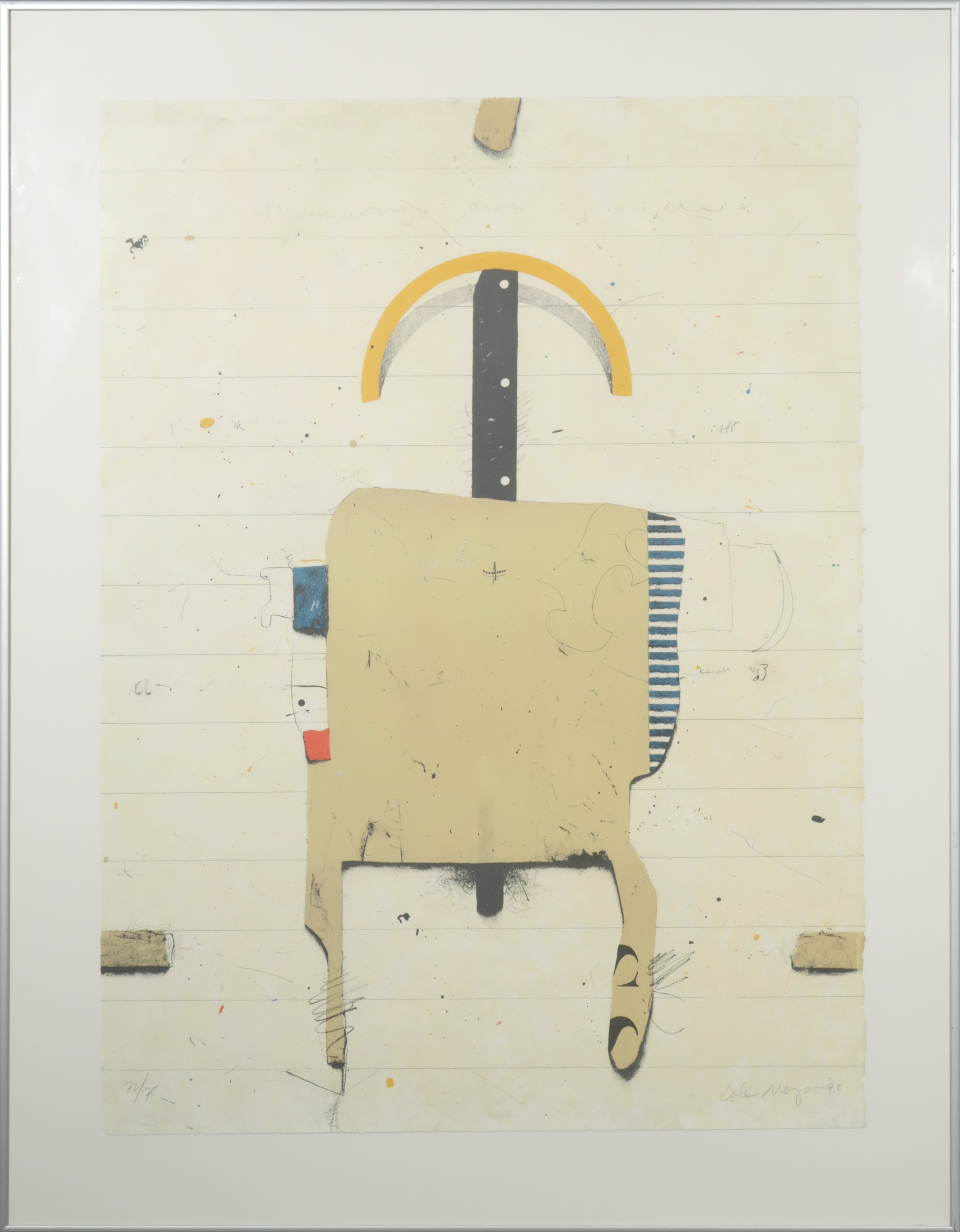 Cole Morgan - Kleurenlitho, Compositie tegen lijnpapier met gele halve cirkel - Ingelijst kopen? Bied vanaf 120!