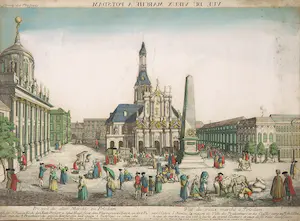 Johann Christoph Nabholz - Handgekleurde kopergravure, Opticaprent van de oude markt te Potsdam - Ingelijst kopen? Bied vanaf 35!