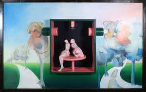 Franscz Witte - Beschilderd houten object met lamp, Landschap met draaiend paar (Groot!) verkocht voor € 50!