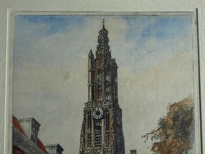 Marius Johannes Janssen - Ingelijste en ingekleurde ets , Onze Lieve Vrouwetoren Amersfoort – ca 1935 kopen? Bied vanaf 1!