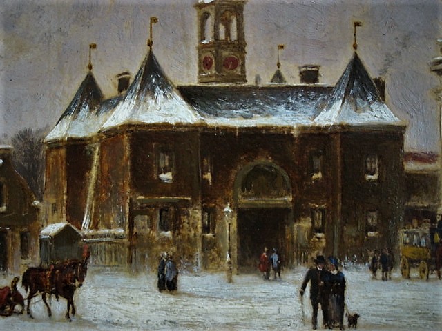 Niet of onleesbaar gesigneerd - Oud olieverf "Amsterdam Leidseplein met Leidsepoort in winter" gesigneerd  kopen? Bied vanaf 1!