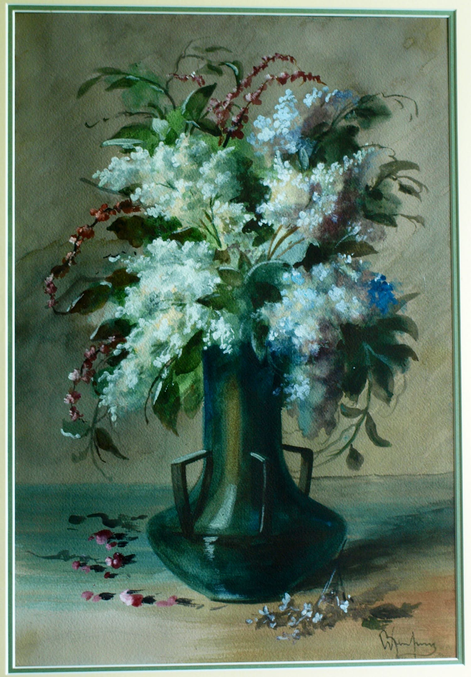 Niet of onleesbaar gesigneerd - Ingelijste aquarel , Bloemen in groene vaas – Herkent u de signatuur? kopen? Bied vanaf 1!