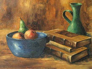 Niet of onleesbaar gesigneerd - Olieverf op doek , Stilleven met groene vaas, fruit en boeken - gesigneerd kopen? Bied vanaf 1!