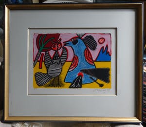 Corneille - Recontre- blauwe vogel in gesprek met grijze vogel- zeefdruk- kleurenlitho kopen? Bied vanaf 150!