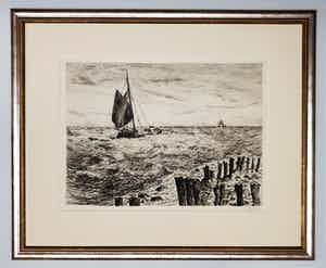 Willem Jans Dijk - Botter op zee, ets, nieuwstaat verkocht voor € 125!