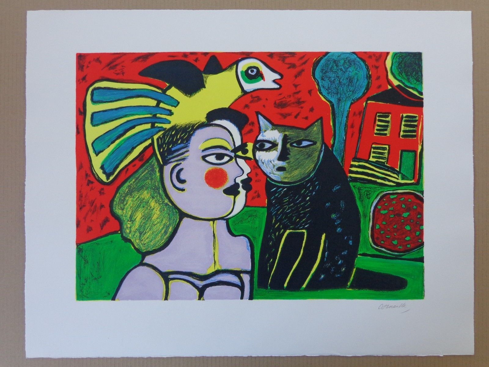 Corneille - VROUW MET ZWARTE KAT / KLEURLITHO / 56x72cm / SIG kopen? Bied vanaf 175!