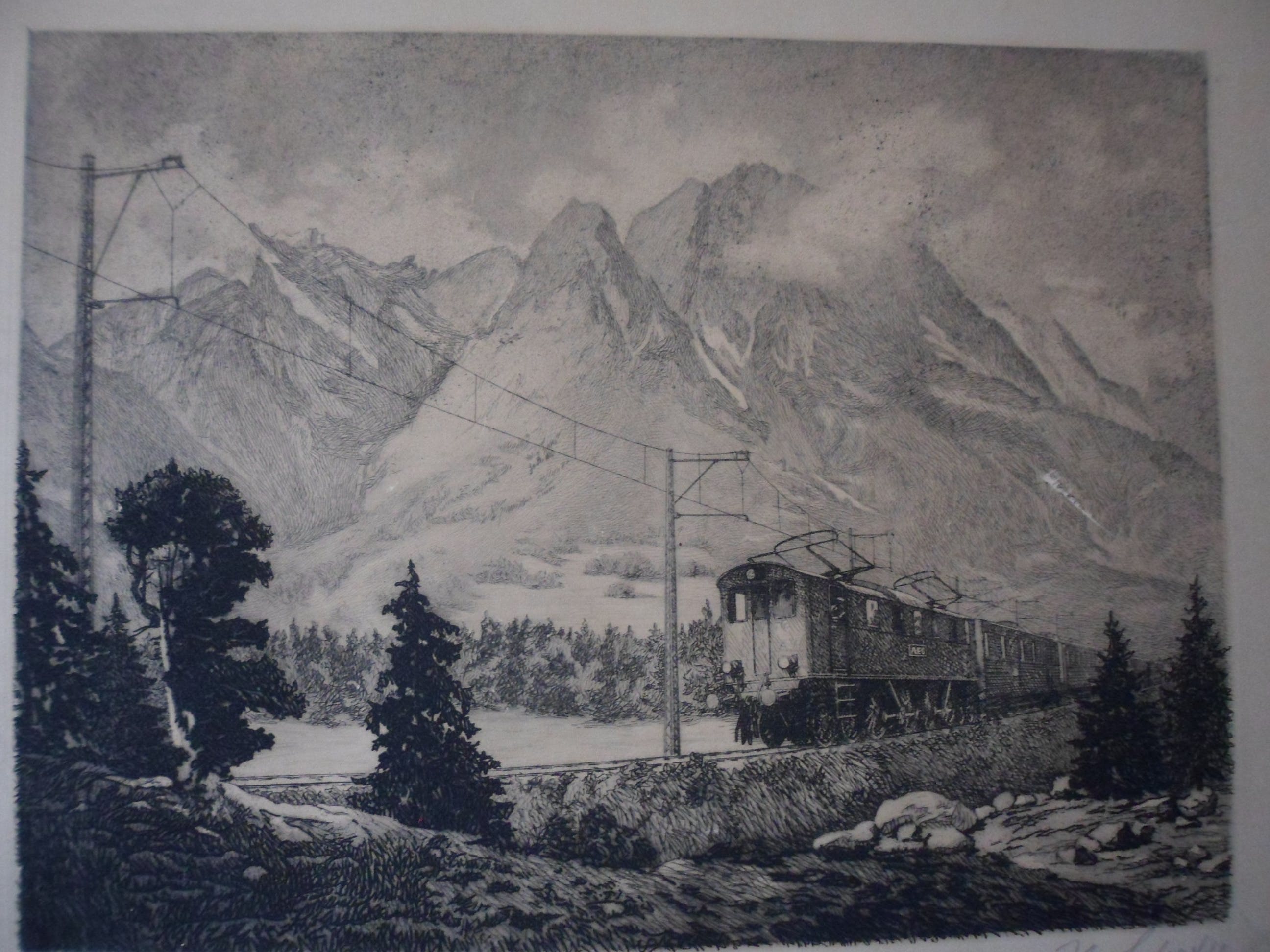 Niet of onleesbaar gesigneerd - Ets van een berglandschap met een trein. kopen? Bied vanaf 1!