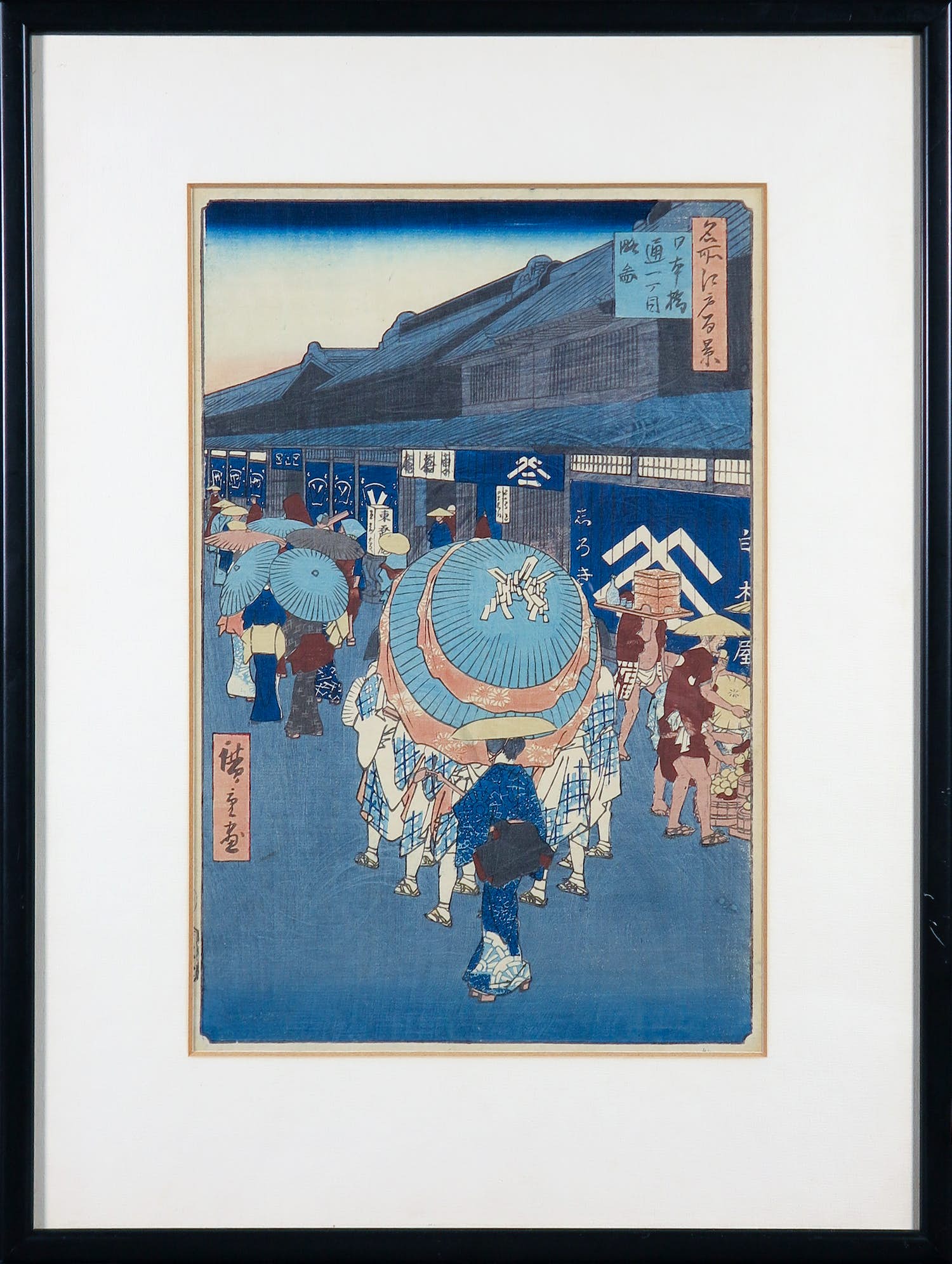 Ando Hiroshige - Houtdruk, Nihonbashi Tori-itchome uit One Hundred Famous Views of Edo - Ingelijst verkocht voor € 300!