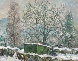 Jan Dekker - Olieverf op Hardboard, Tuinzicht Winter, Ingelijst kopen? Bied vanaf 1!