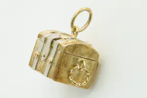 4- Mooi gedetailleerde 14 karaat bicolor gouden schatkist hanger kopen? Bied vanaf 320!