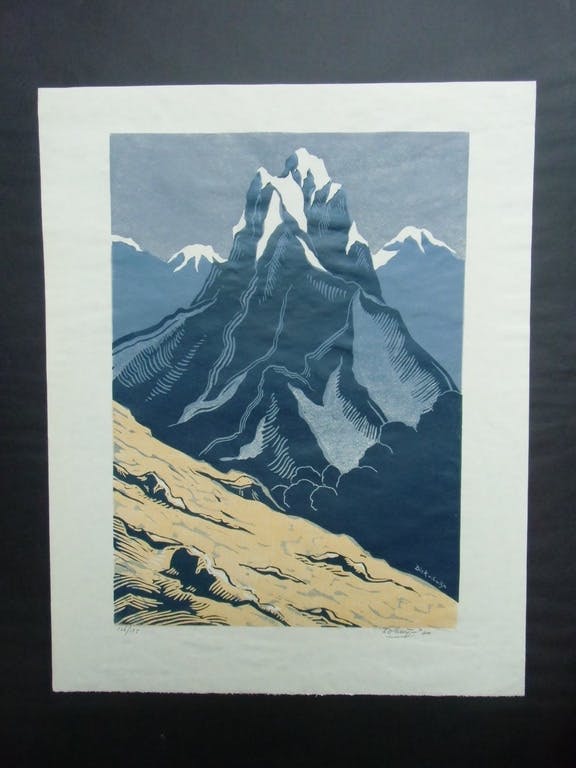 Dick van Luijn - BERGLANDSCHAP /// KLEURENLINOSNEDE VAN DICK VAN LUIJN kopen? Bied vanaf 1!