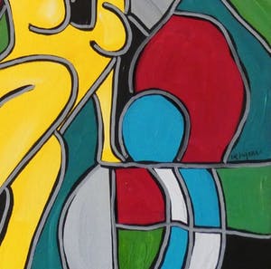 Patricia Kleyman - Acryl op doek. Titel, "Nu au vase rouge sur fond de cubisme ". kopen? Bied vanaf 120!