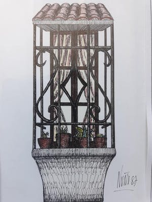 Niet of onleesbaar gesigneerd - Nuno, 1987. Venster met planten. kopen? Bied vanaf 1!