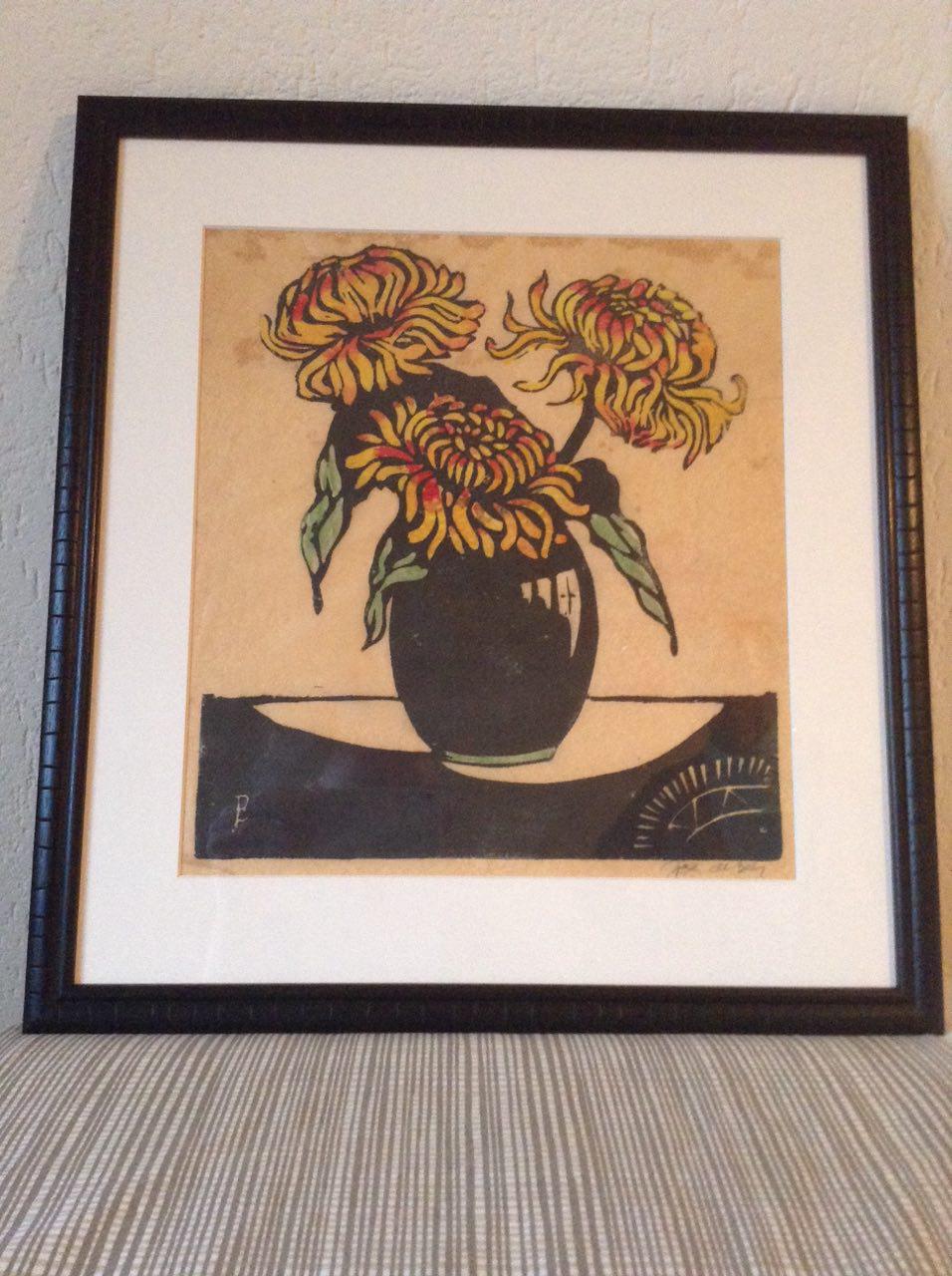 Jac. de Beer - Jac de Beer 1880-1946, Houtsnede/linosnede Bloemen in vaas 30x30 kopen? Bied vanaf 50!