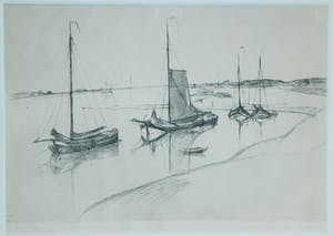 Antoon Derkzen van Angeren - Zeilschepen liggend aan de oever kopen? Bied vanaf 20!