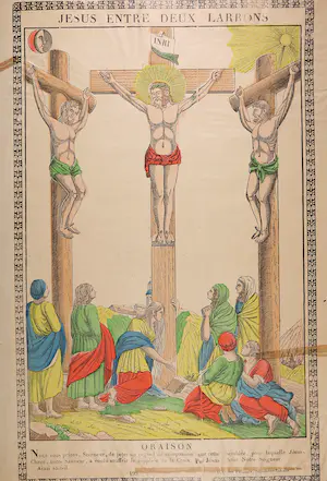 Niet of onleesbaar gesigneerd - Lot van twee handgekleurde litho's, Naissance de N.S. Jesus-Christ en Jesus entre deux Larrons kopen? Bied vanaf 1!