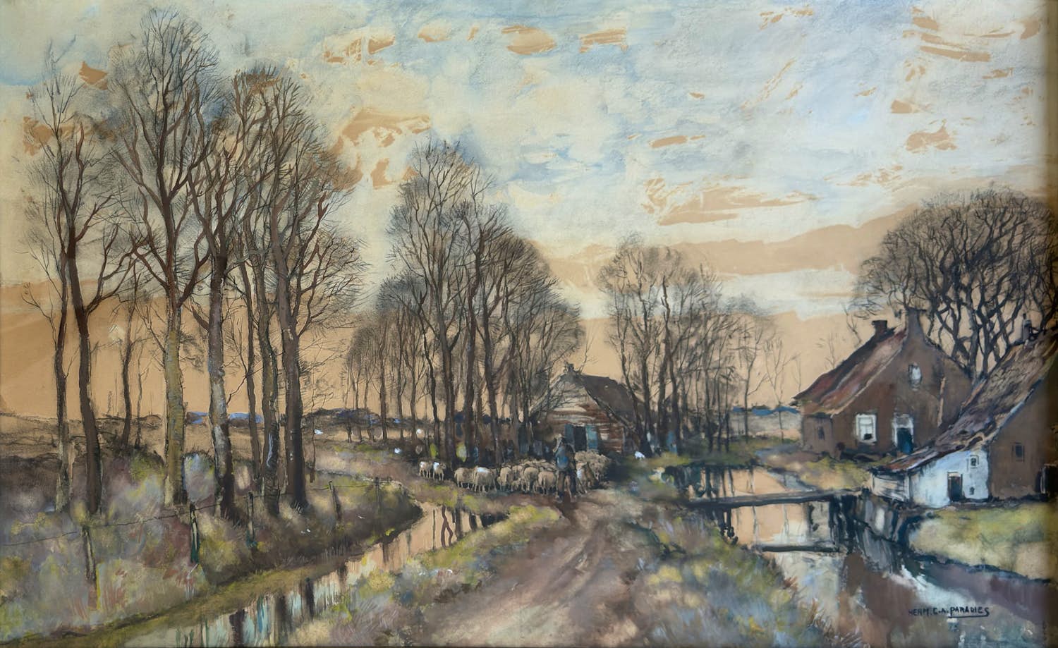 Herman Paradies - Landschap met boerderij, boer en schapen kopen? Bied vanaf 650!