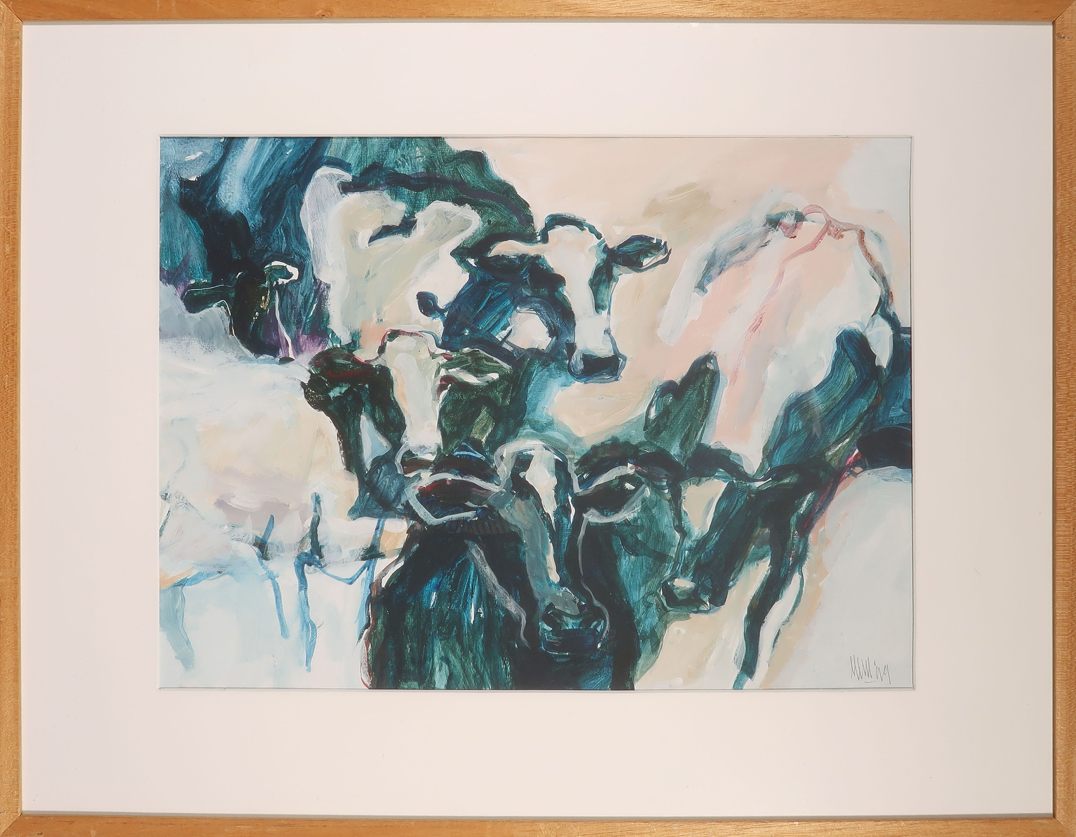 Rem de Boer - Gouache op papier, Koeien - Ingelijst verkocht voor € 35!