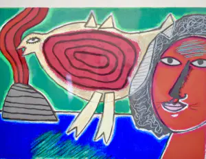 Corneille - Zeefdruk - Femme et oiso rouge - Ingelijst kopen? Bied vanaf 195!