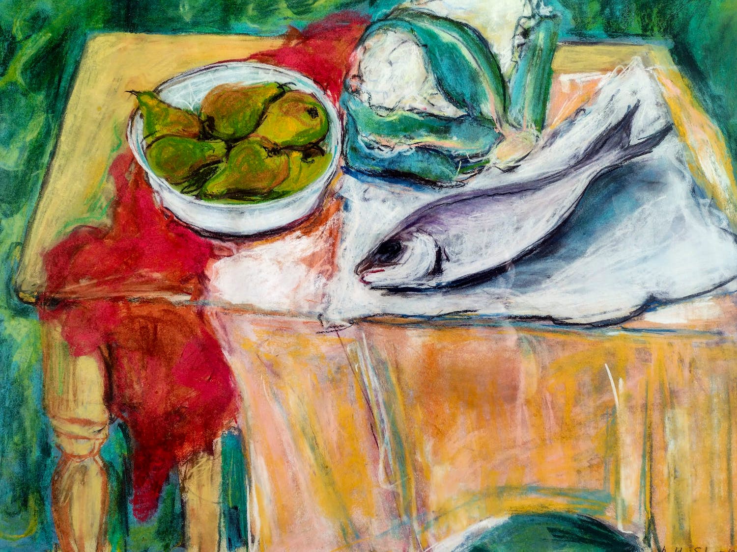 Betty Scheer - Compositie met schaal peren, bloemkool en vis (73 x 87 cm) verkocht voor € 50!