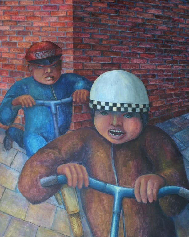 An Beerman - Gouache , Jongens met step - ingelijst - 93 x 73 cm - ca 1975  verkocht voor € 100!