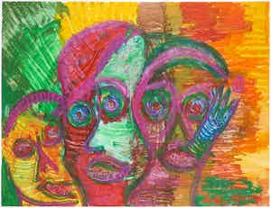 Lotti van der Gaag - Gemengde techniek op papier, Z.T. Compositie met drie koppen - Ingelijst verkocht voor € 300!