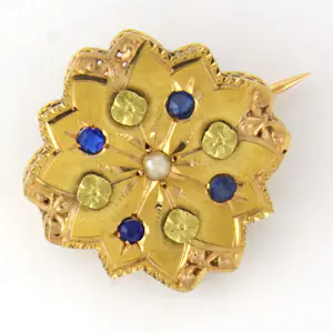 18k gouden broche bezet met saffier en parel - 2.7 gram kopen? Bied vanaf 290!