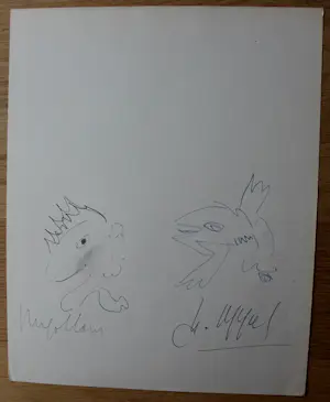 Karel Appel - 2 tekeningen op een blad: Hugo Claus en Karel Appel kopen? Bied vanaf 1395!