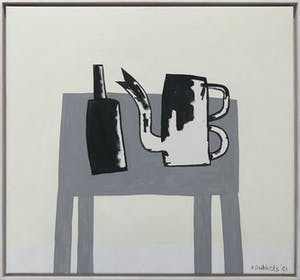 Klaas Gubbels - Olieverf op doek, Stilleven met koffiekan en fles - Ingelijst kopen? Bied vanaf 3000!