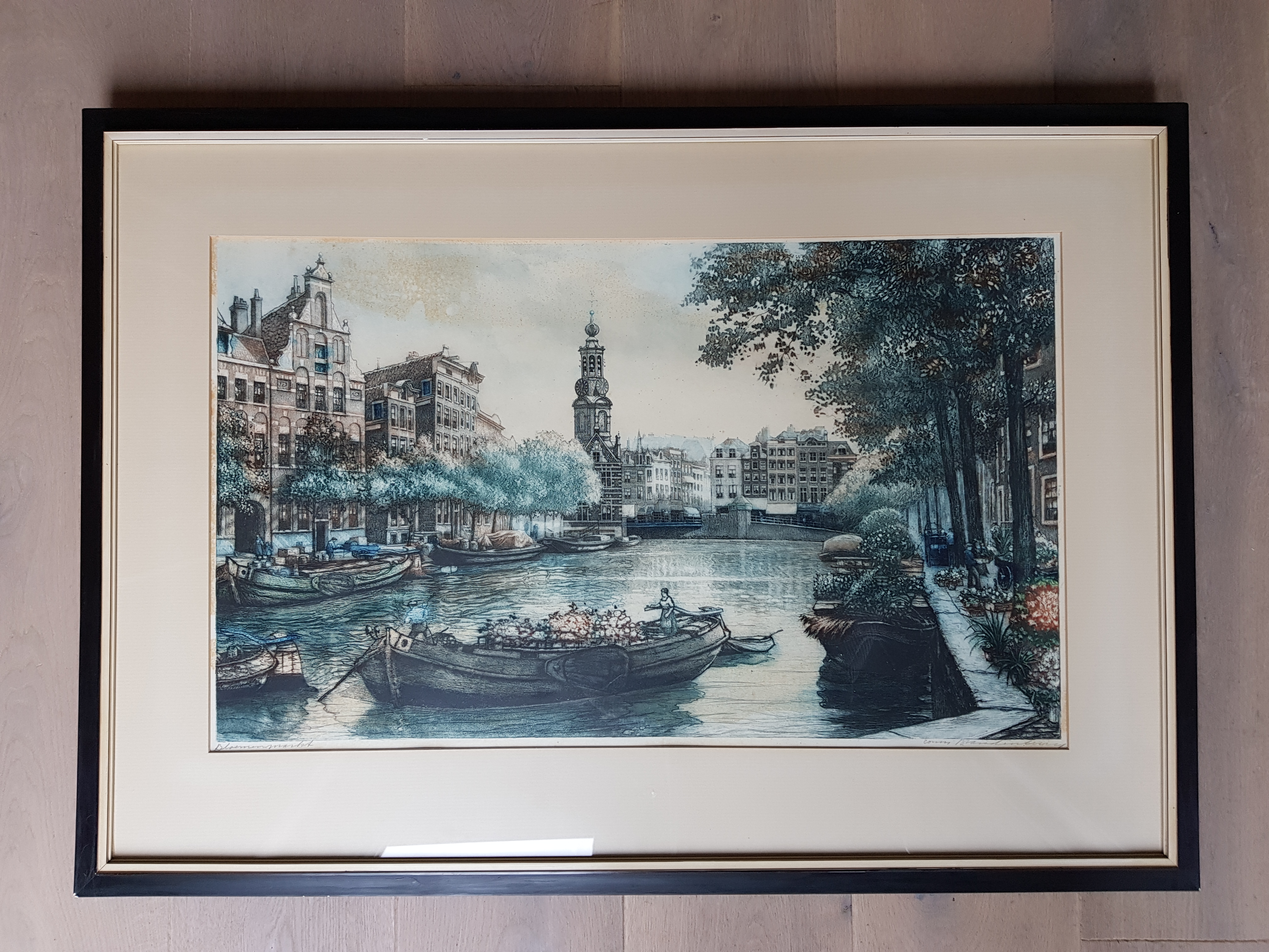 Cornelis Brandenburg - kleurenets - Bloemenmarkt, getiteld en gesigneerd kopen? Bied vanaf 1!