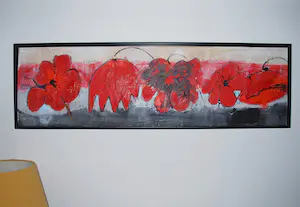 Antonio Poioumen - Rode bloemen, gemengde techniek, acryl - fraai ingelijst, groot kopen? Bied vanaf 350!