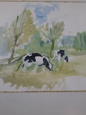 Jan Tullemans - aquarel koeien in weiland kopen? Bied vanaf 70!