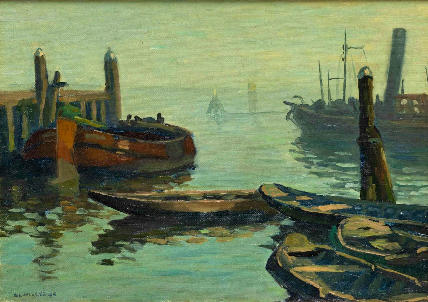 Ad Blok van der Velden - Ingelijste olieverf: Texels havengezicht kopen? Bied vanaf 1000!