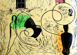 Jasper Krabbe - ingelijste , met de hand ingekleurde lino: in de huiskamer - 1996 verkocht voor € 250!