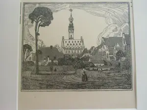 Wijnand Otto Jan Nieuwenkamp - STADHUIS TE VEERE /// HOUTSNEDE VAN W.O.J.NIEUWENKAMP kopen? Bied vanaf 40!