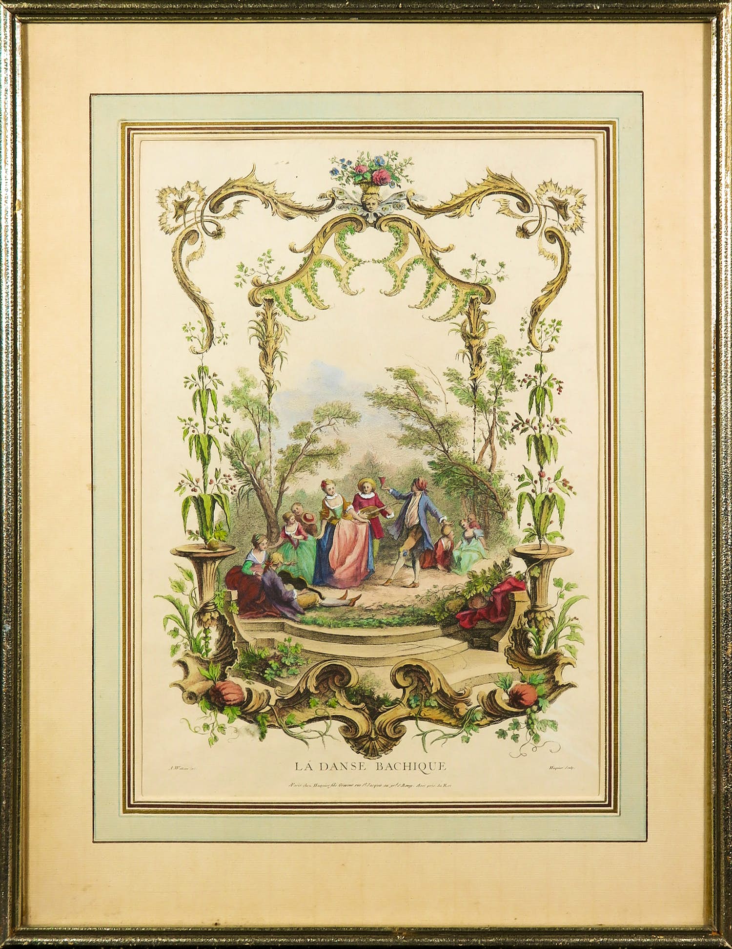 Gabriel Huquier - Handgekleurde kopergravure (naar Watteau), Lá Danse Bachique - Ingelijst verkocht voor € 35!