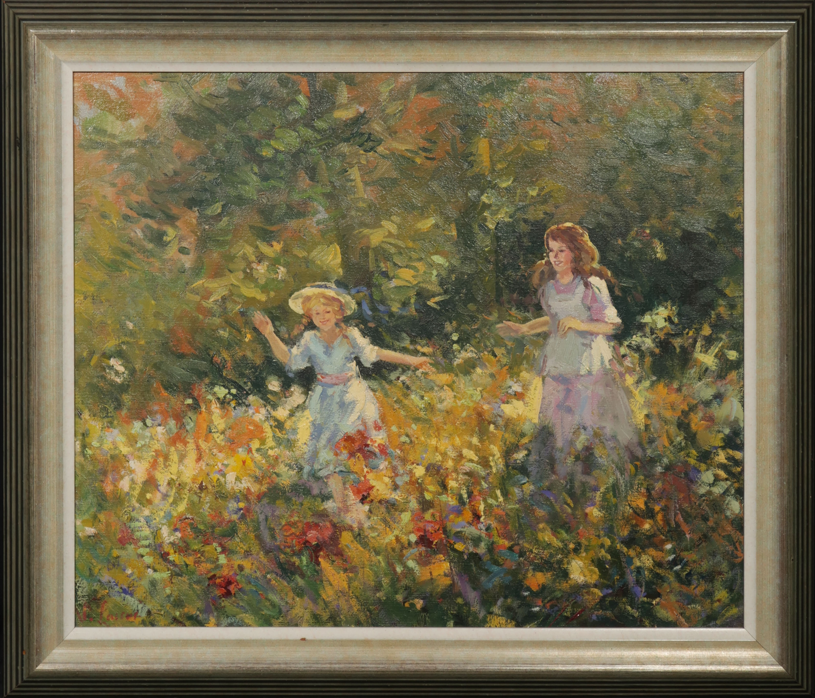 Nicole Laceur - Olieverf op doek, Two Sisters - Ingelijst verkocht voor € 120!