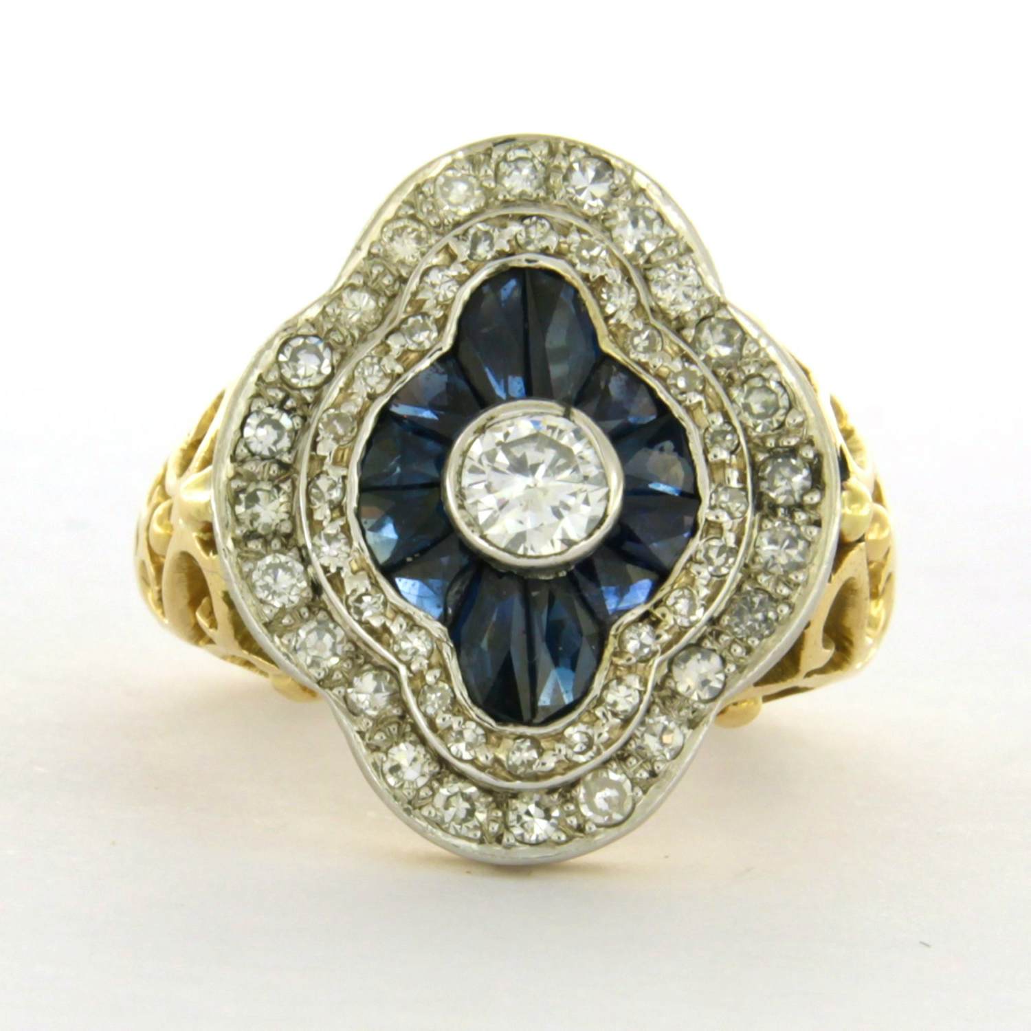 18k bicolour gouden ring met saffier, briljant en single cut geslepen diamanten kopen? Bied vanaf 1400!