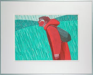 Wendelien Schonfeld - Houtdruk, Iemand in de regen - Ingelijst kopen? Bied vanaf 70!