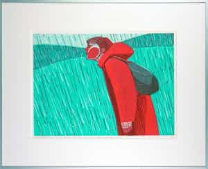 Wendelien Schonfeld - Houtdruk, Iemand in de regen - Ingelijst verkocht voor € 70!