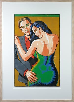 Leon Janssen - Houtsnede, Paar op oker rechts - Ingelijst kopen? Bied vanaf 1!