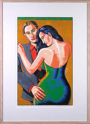 Leon Janssen - Houtsnede, Paar op oker rechts - Ingelijst verkocht voor € 1!