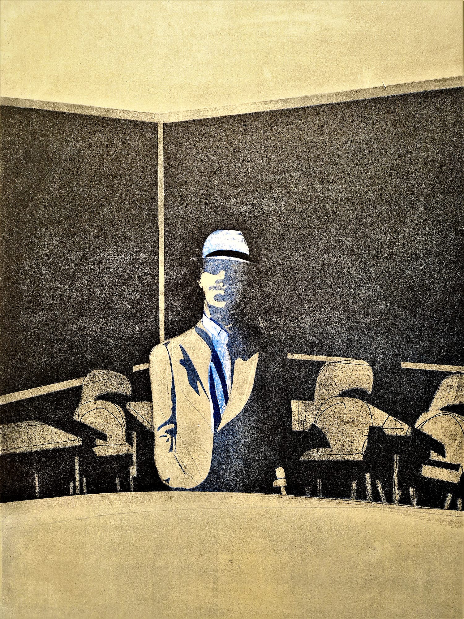 Peter Bes - Unieke - 1977 - artist proof Ets/aquatint "Blue man in a dark classroom" gesig. verkocht voor € 1!
