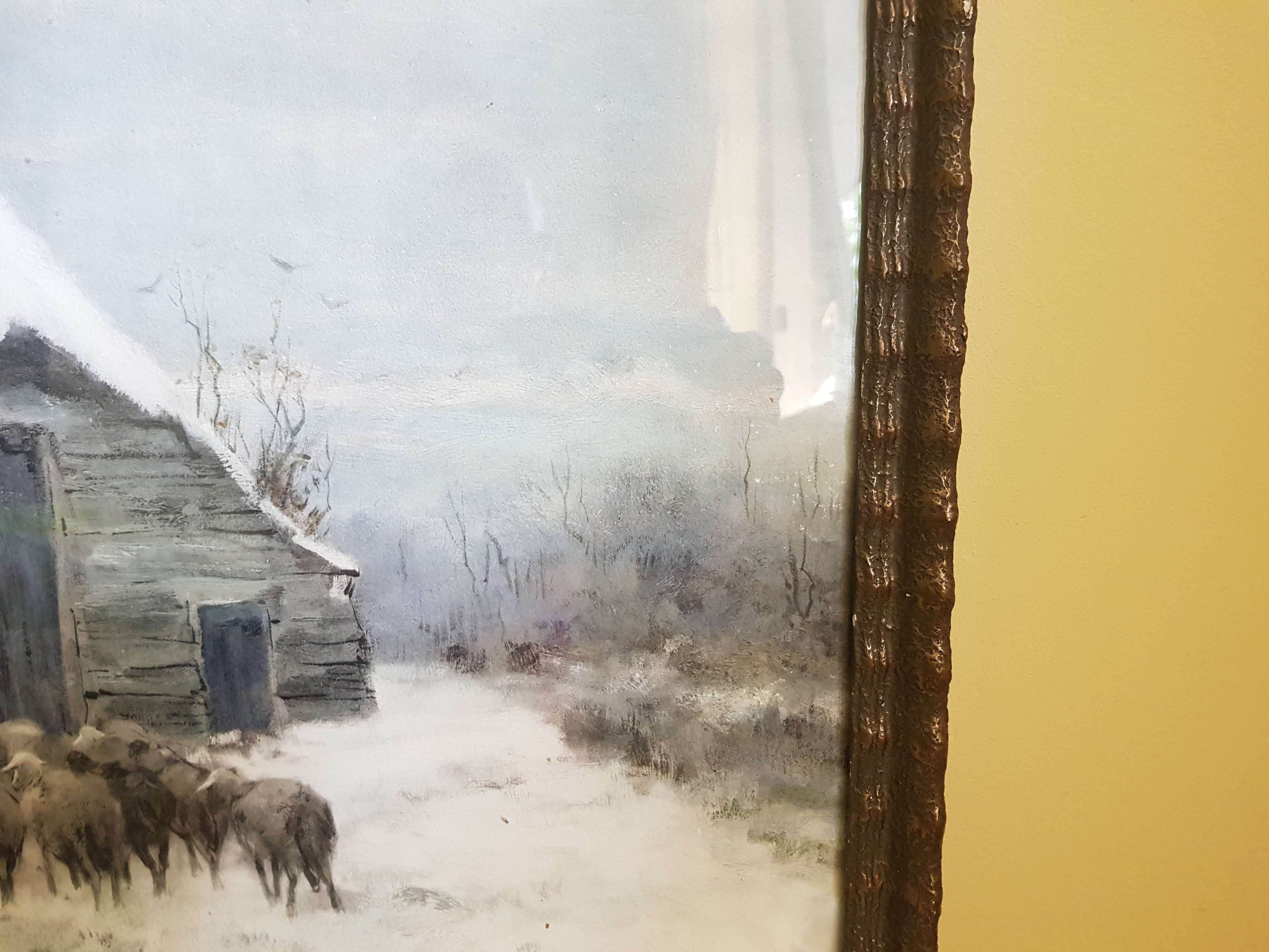 Willem G.F. Jansen - Kudde schapen op de heide in de winter voor de stalling met boer.  kopen? Bied vanaf 150!