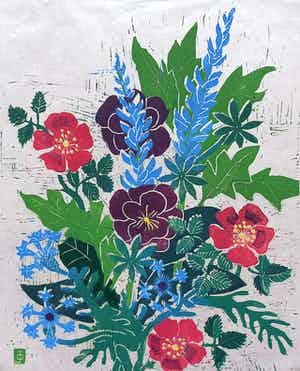 Jeanne Bieruma Oosting - Zomerbouquet, linosnede op rijstpapier verkocht voor € 75!