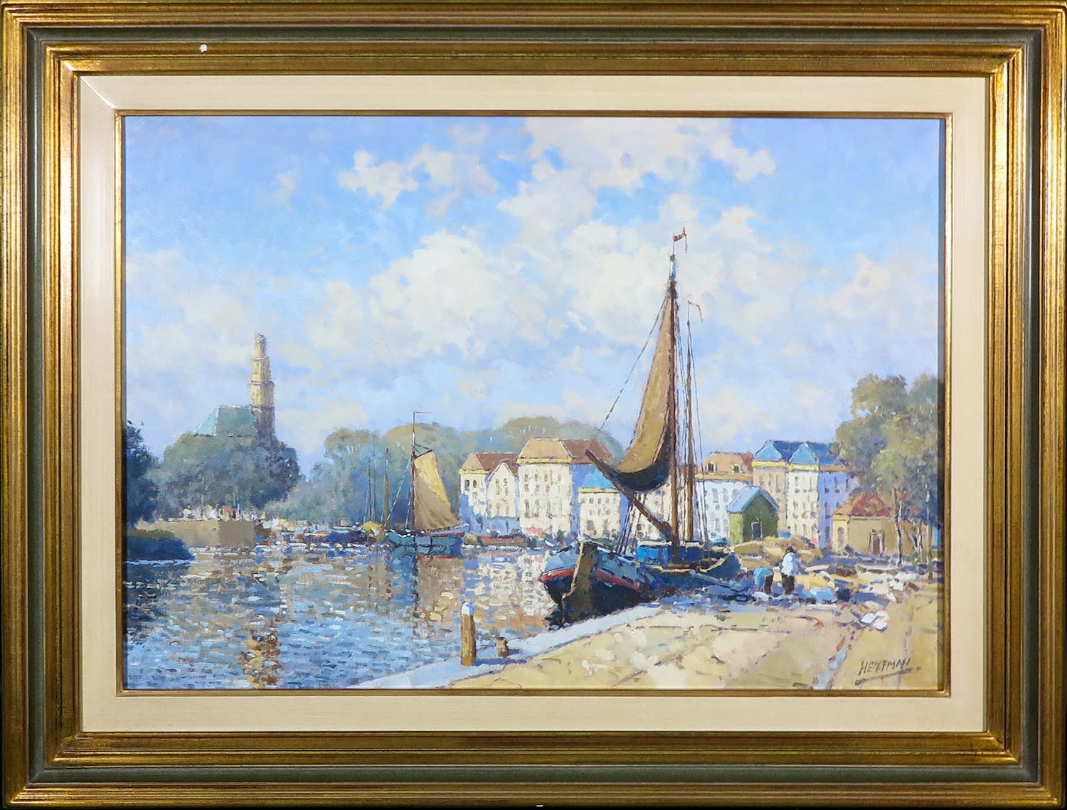 Willem Heytman - Olieverf op doek, Binnenhaven met zeilschepen - Ingelijst kopen? Bied vanaf 400!