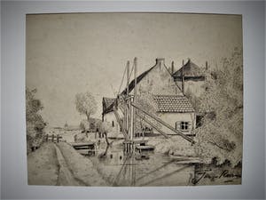Jacob van Rossum - omstreeks 1920 - potlood - "Boerderij en ophaalbrug" - gesigneerd kopen? Bied vanaf 28!
