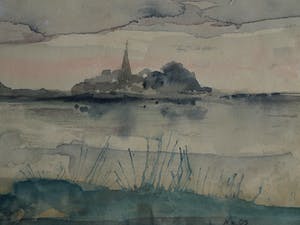 Niet of onleesbaar gesigneerd - Ingelijste aquarel, “Landschap met water” – gesigneerd ‘v. Os’ kopen? Bied vanaf 1!
