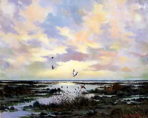 Toon Koster - Opvliegende eenden in plaslandschap, olieverf op doek (ingelijst, groot) verkocht voor € 1!